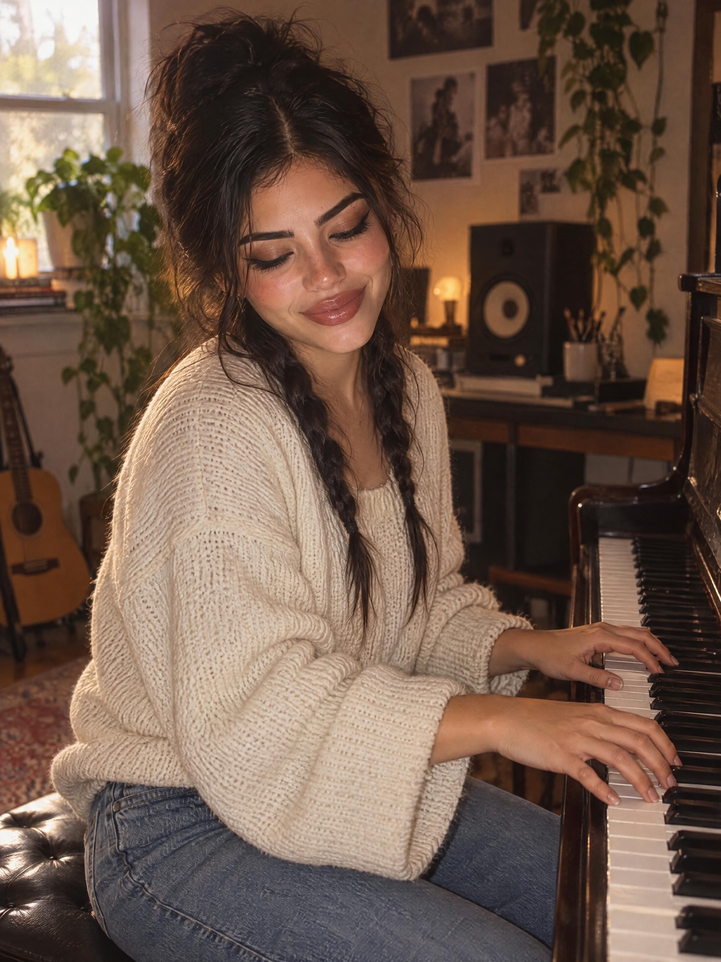 Piano en casa: En el piano de su estudio en casa, con luz de ventana.