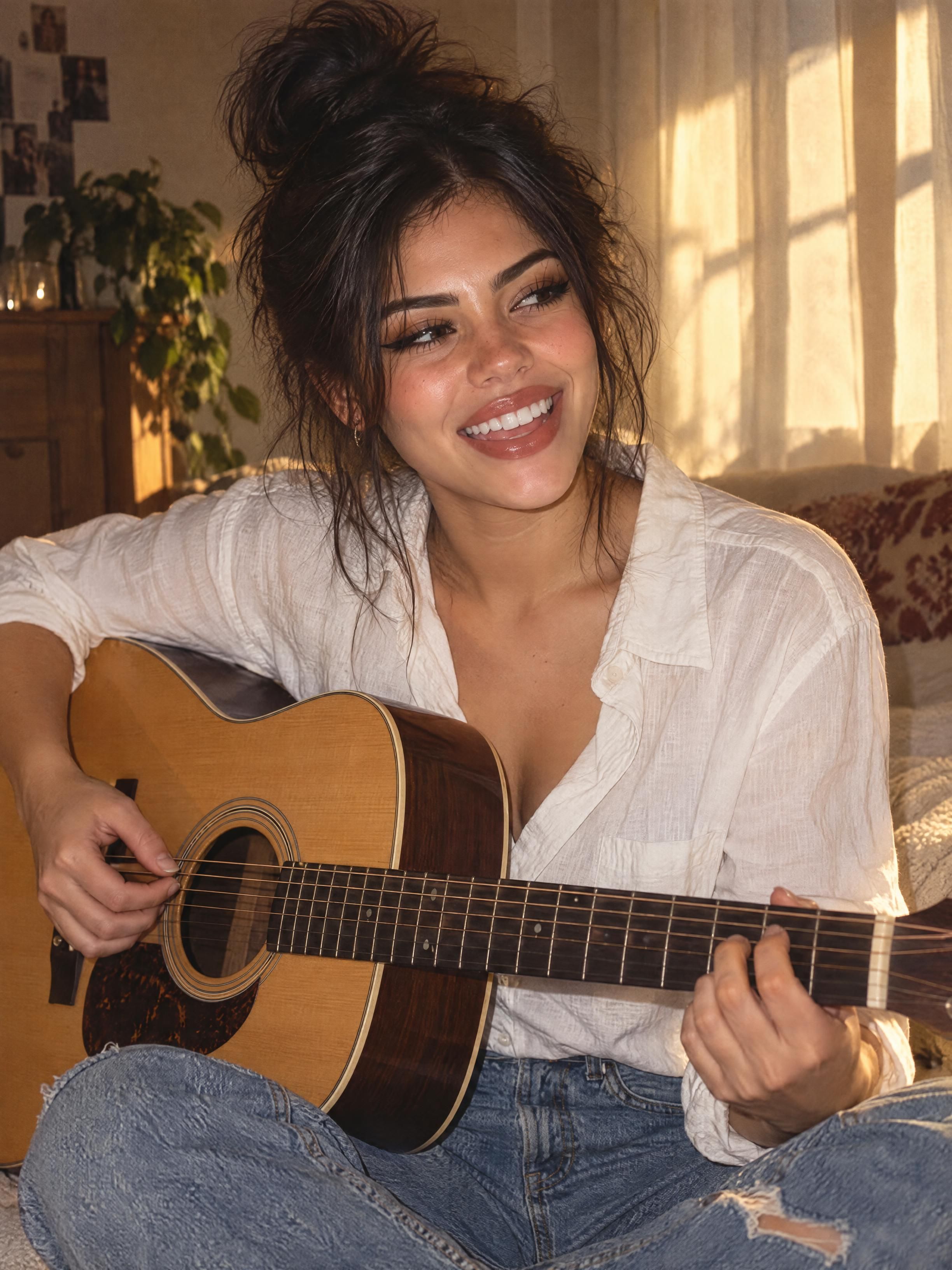Acústica: En el sillón con la guitarra acústica, sol de tarde.