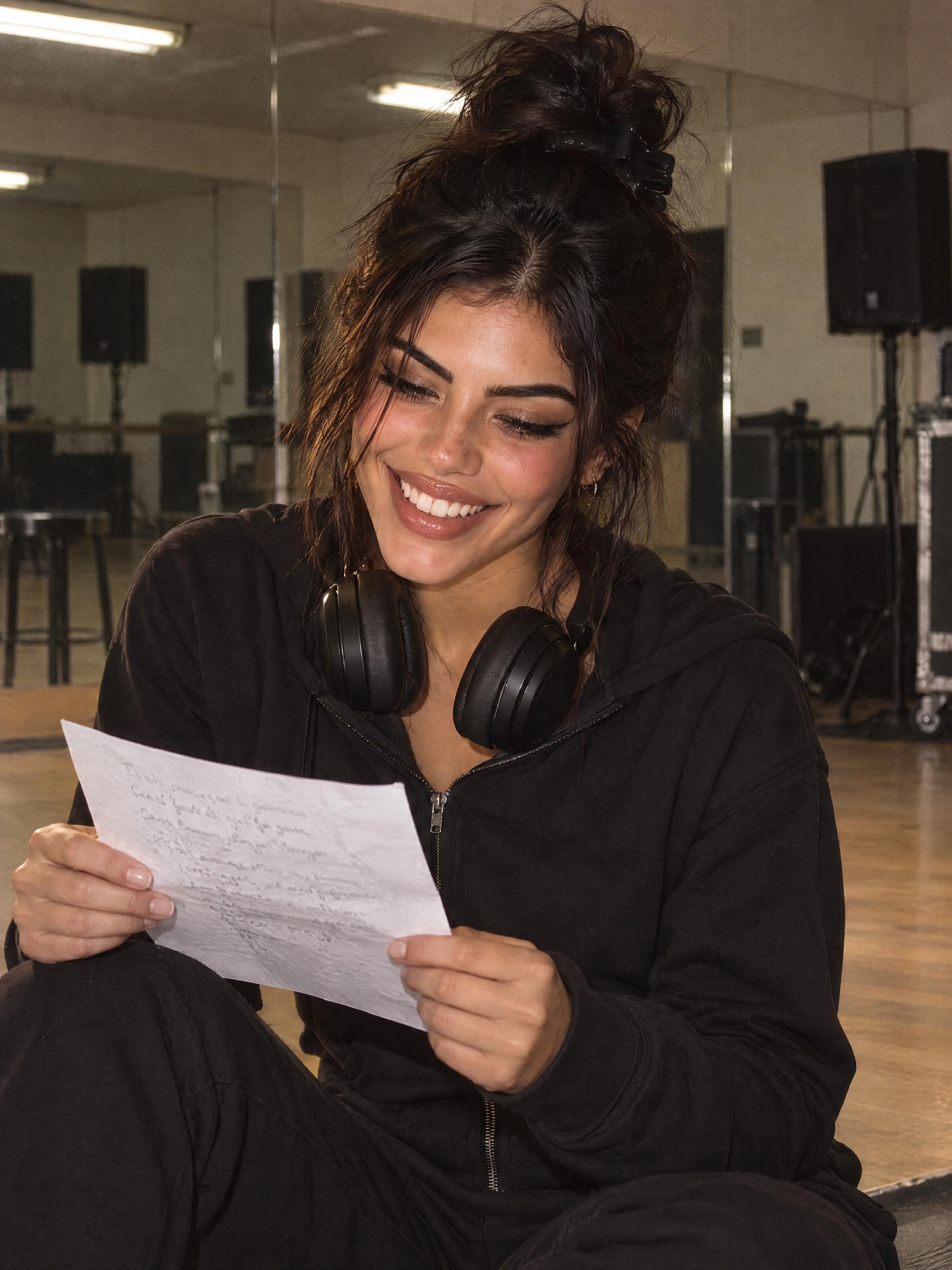 Ensayo: Sentada en el piso de un salón de ensayo, leyendo una letra.