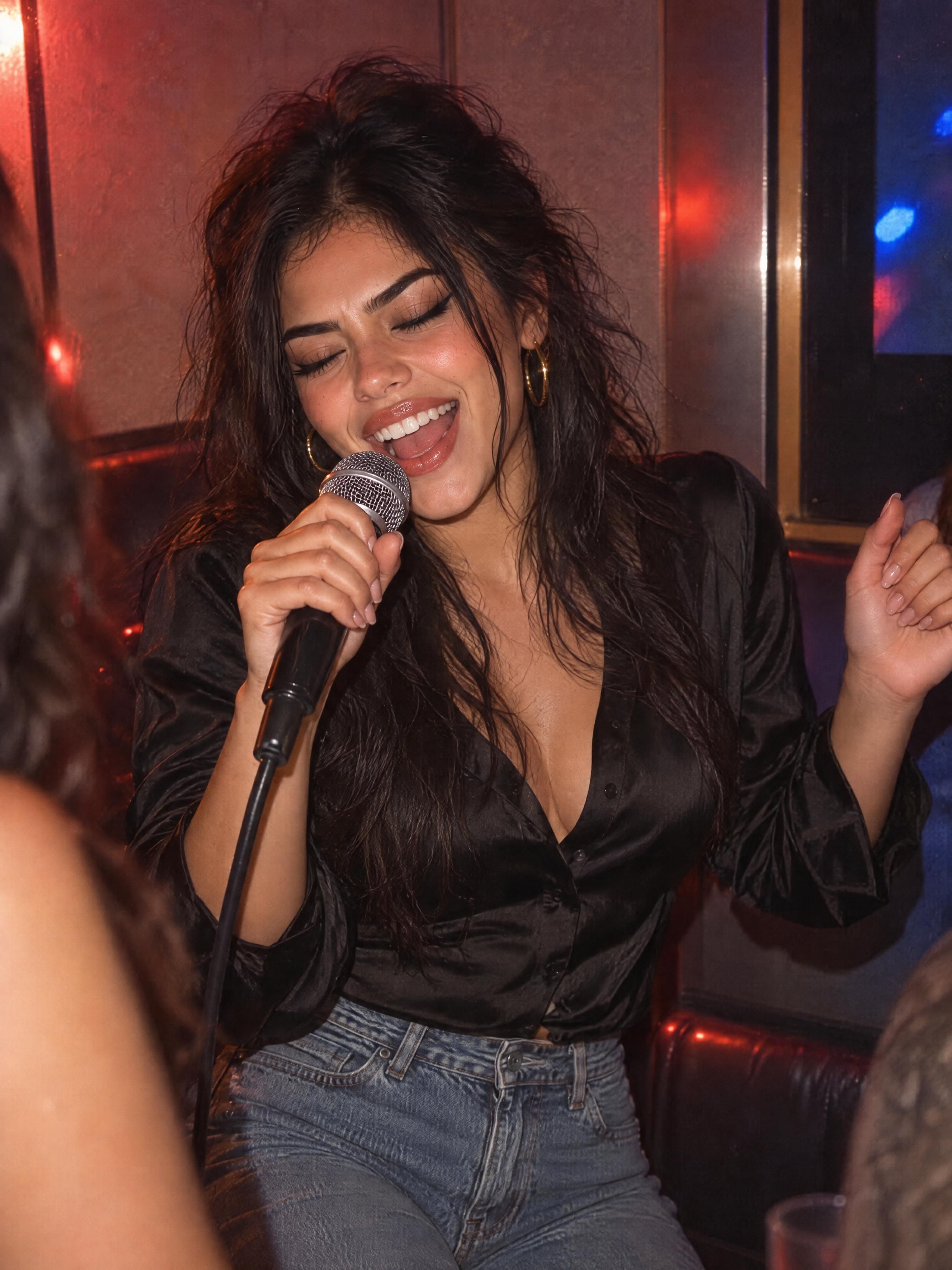 Noche de karaoke: Cantando karaoke en una noche de fiesta.
