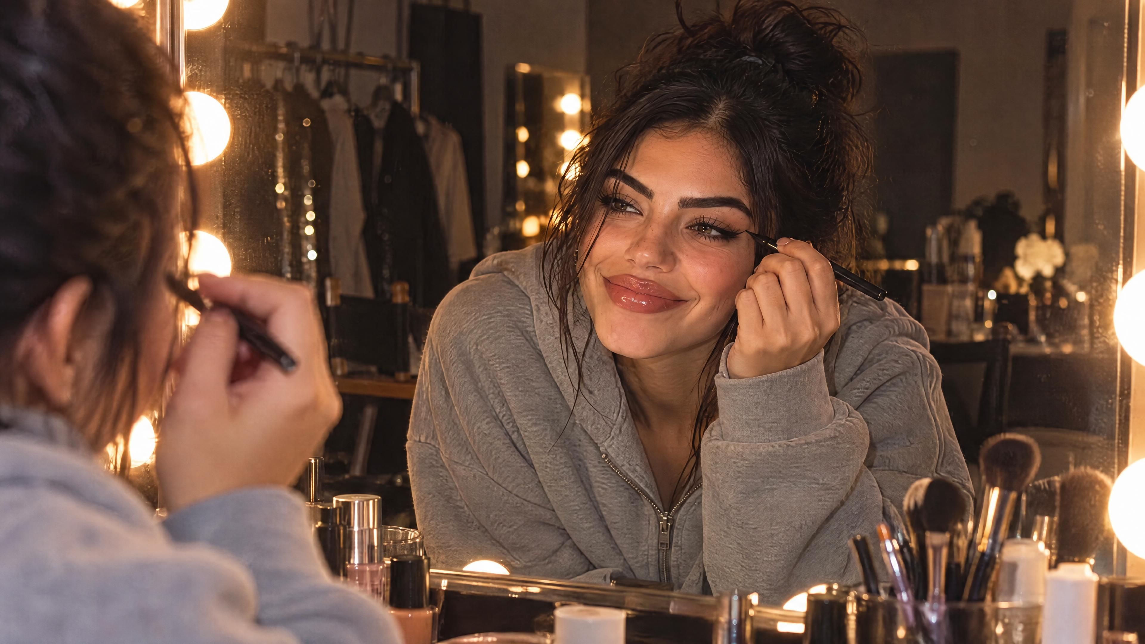 Saindra se delinea los ojos frente al espejo del camerino, con hoodie gris