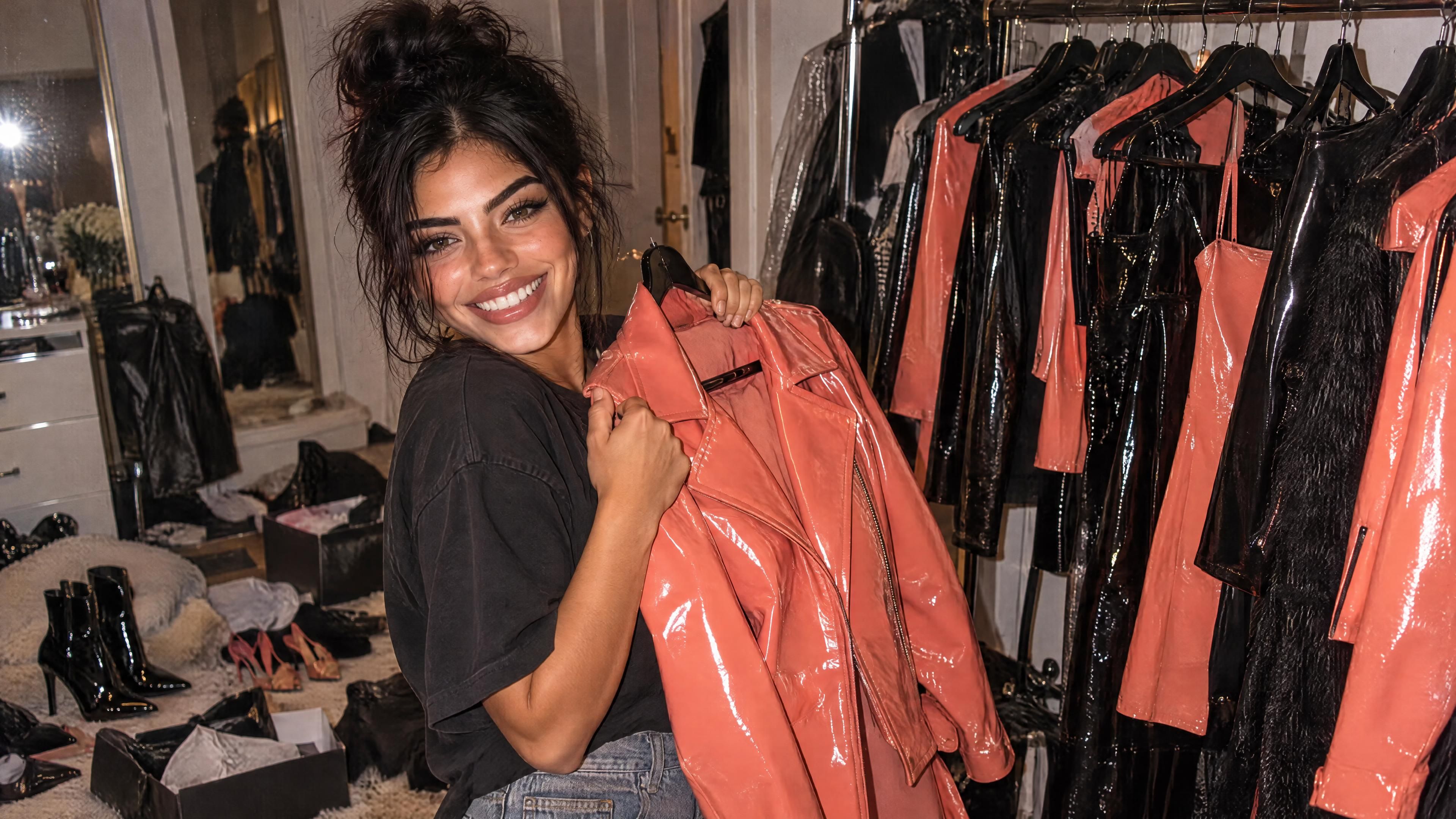 Saindra sostiene una chaqueta de charol coral frente a un perchero lleno de ropa