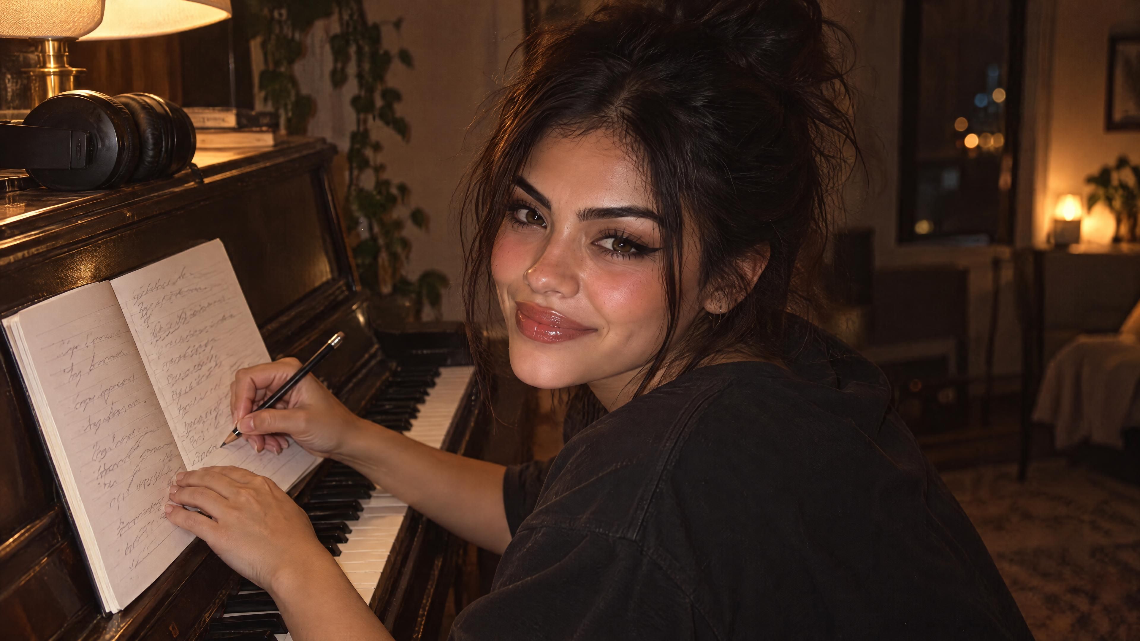 Saindra escribe en un cuaderno sobre el piano, de noche