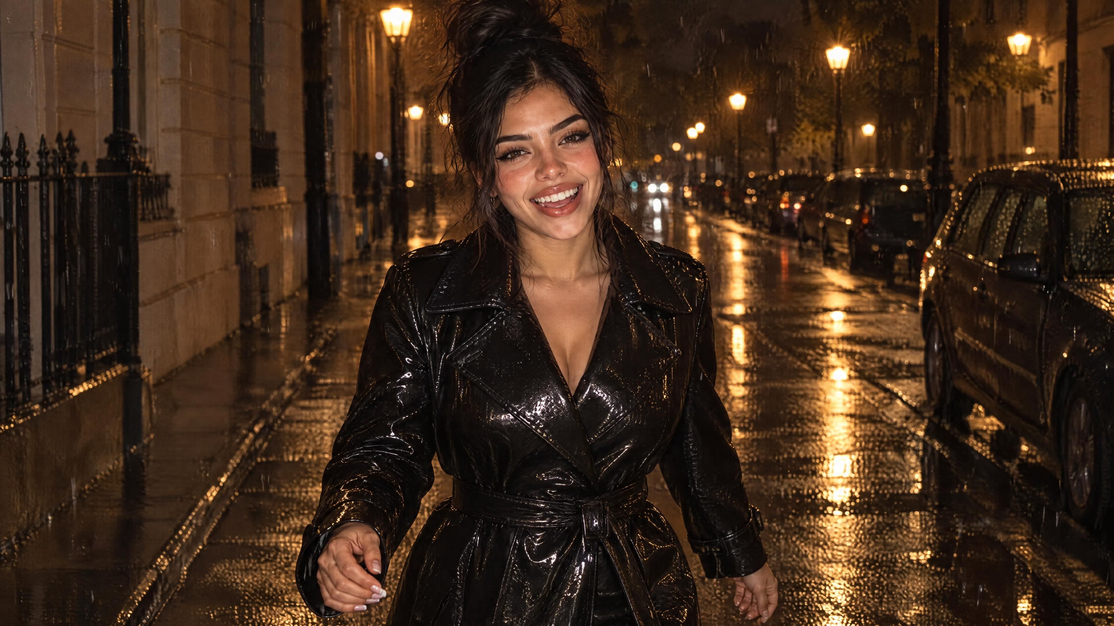 Saindra camina por una calle mojada de noche con gabardina de charol