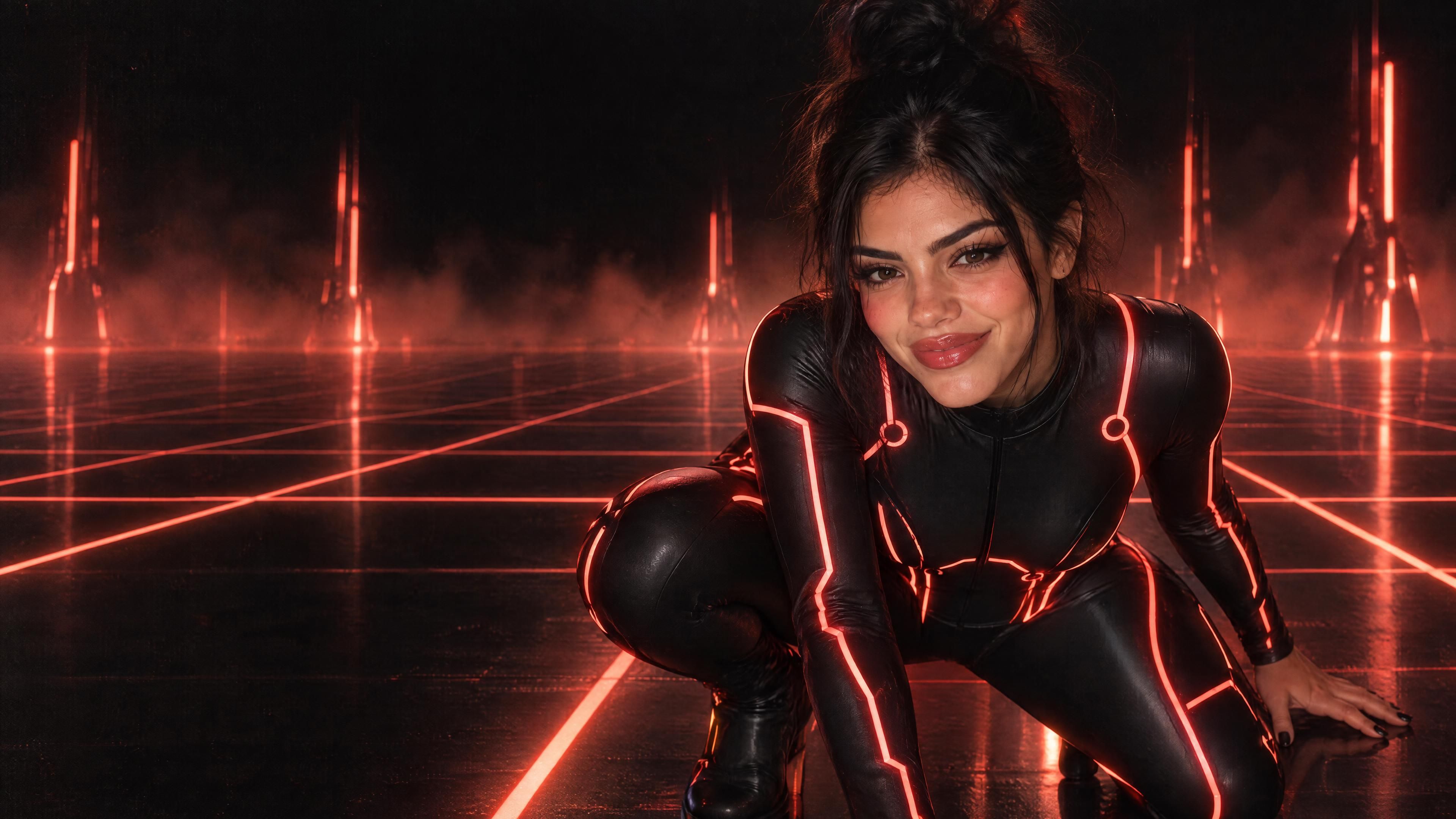 Saindra con el traje de luz del Grid, agachada sobre un piso de líneas coral