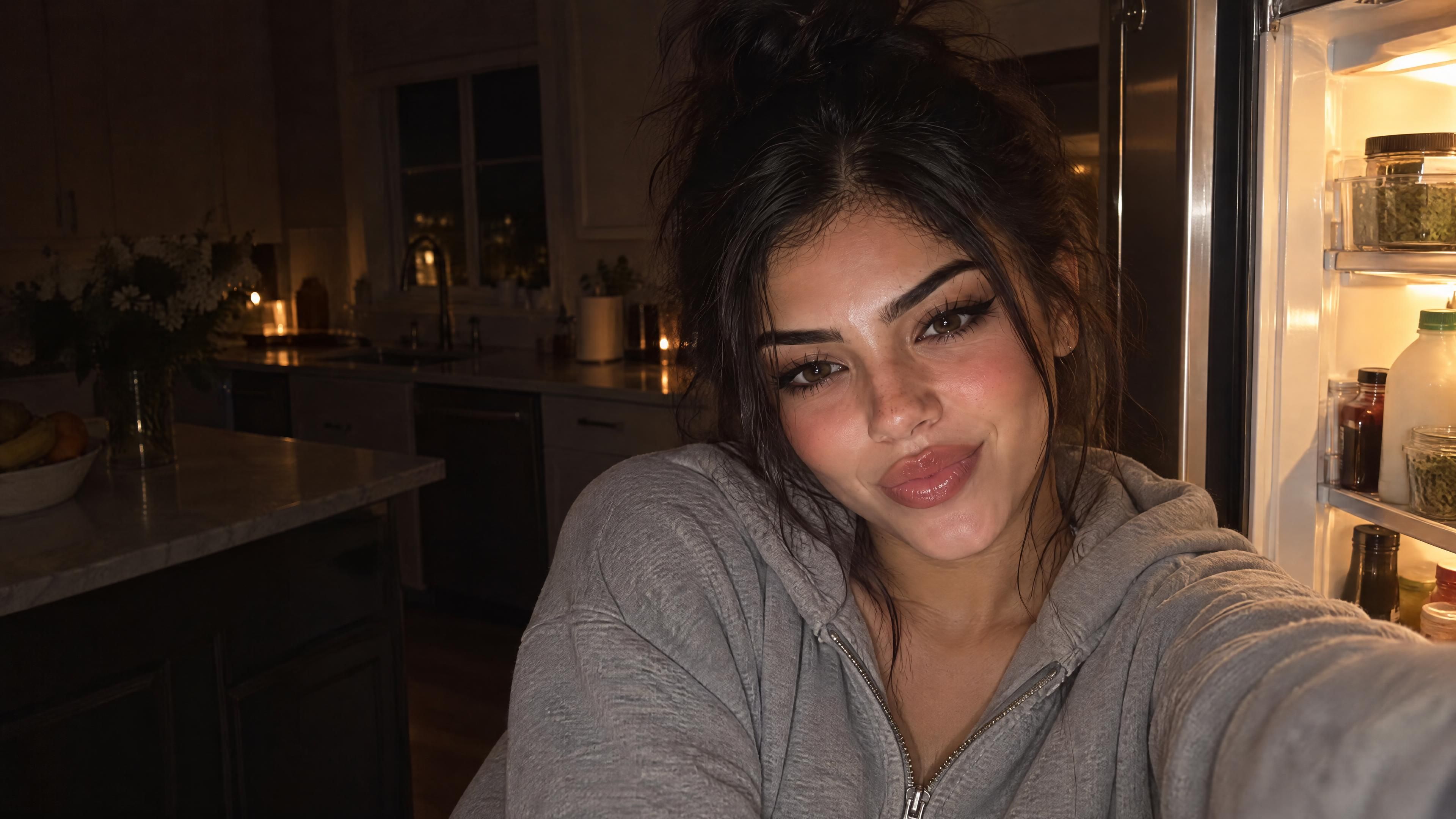 Saindra se toma una selfie de noche en la cocina, con hoodie gris y el refri abierto