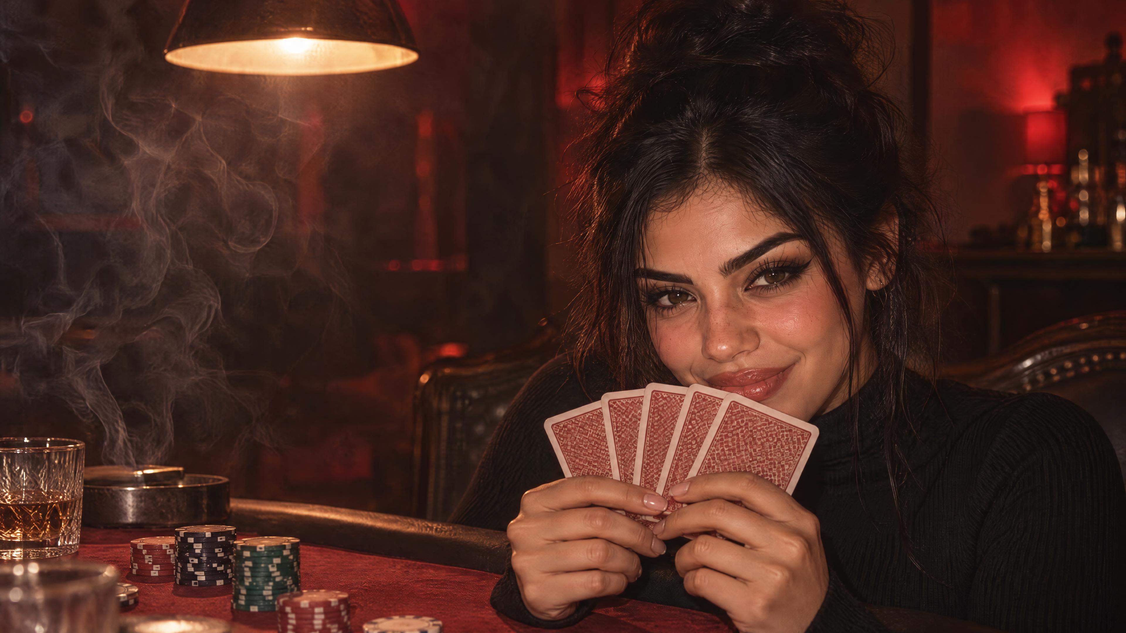 Saindra sonríe detrás de sus cartas en una mesa de juego con fichas y humo