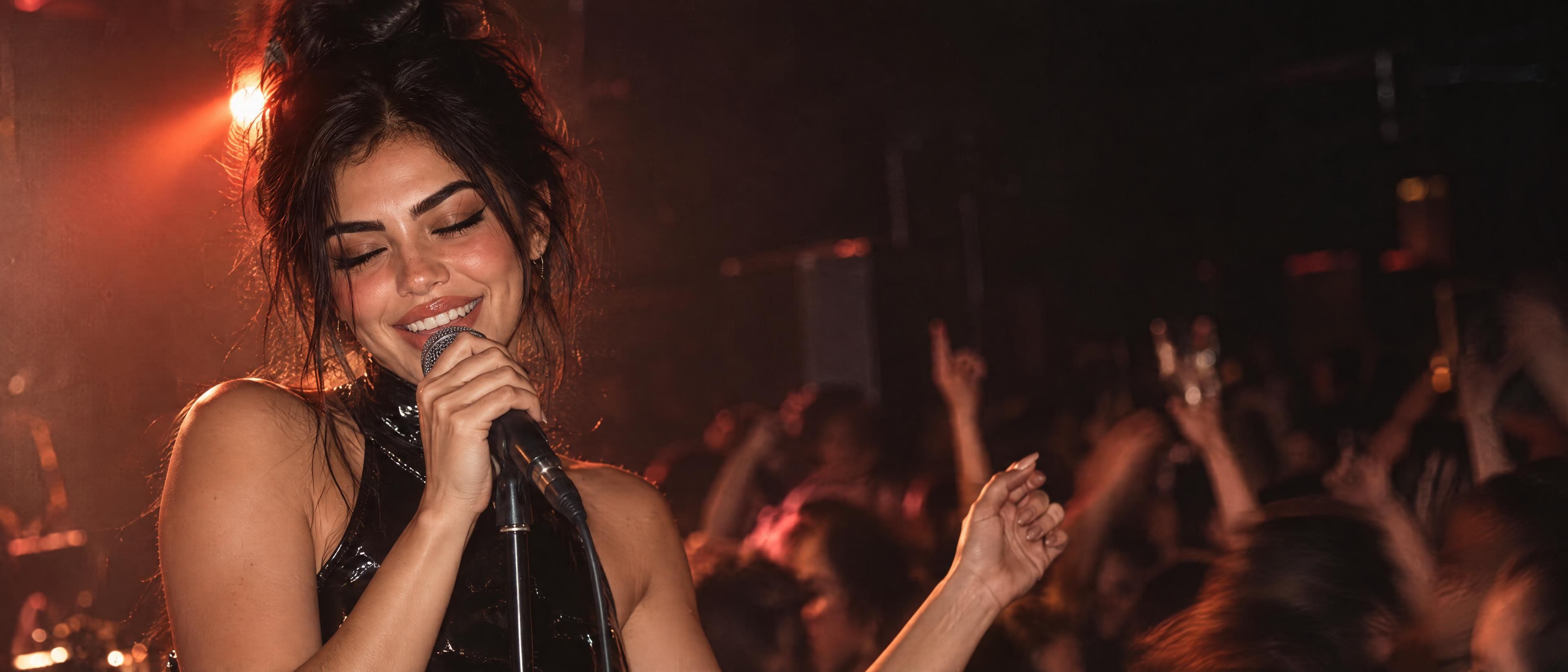 Saindra canta con los ojos cerrados en un escenario de club, con top de charol