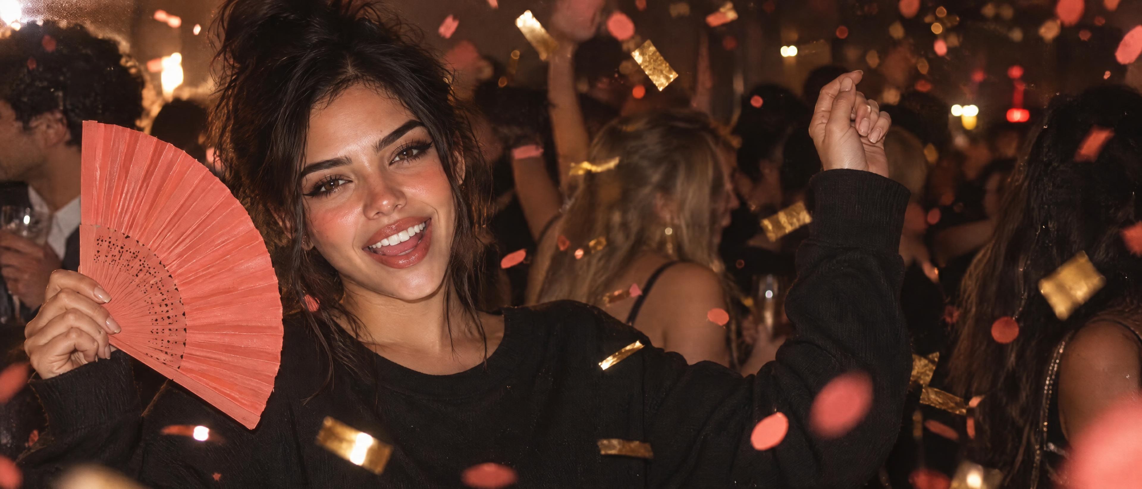 Saindra se ríe con un abanico coral en medio de una fiesta con confeti
